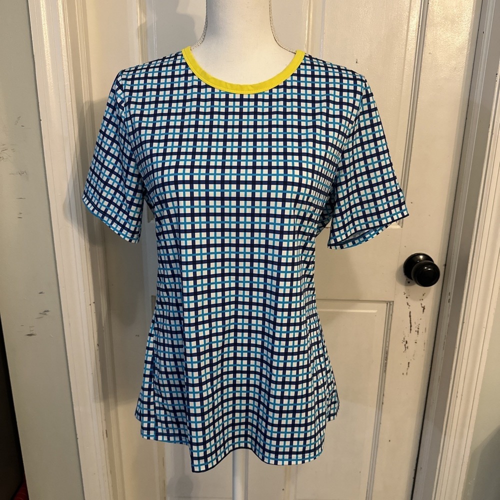 Kinona "Tee It Up for Ukraine"Mediterranean Check Golf Shirt Size Medium